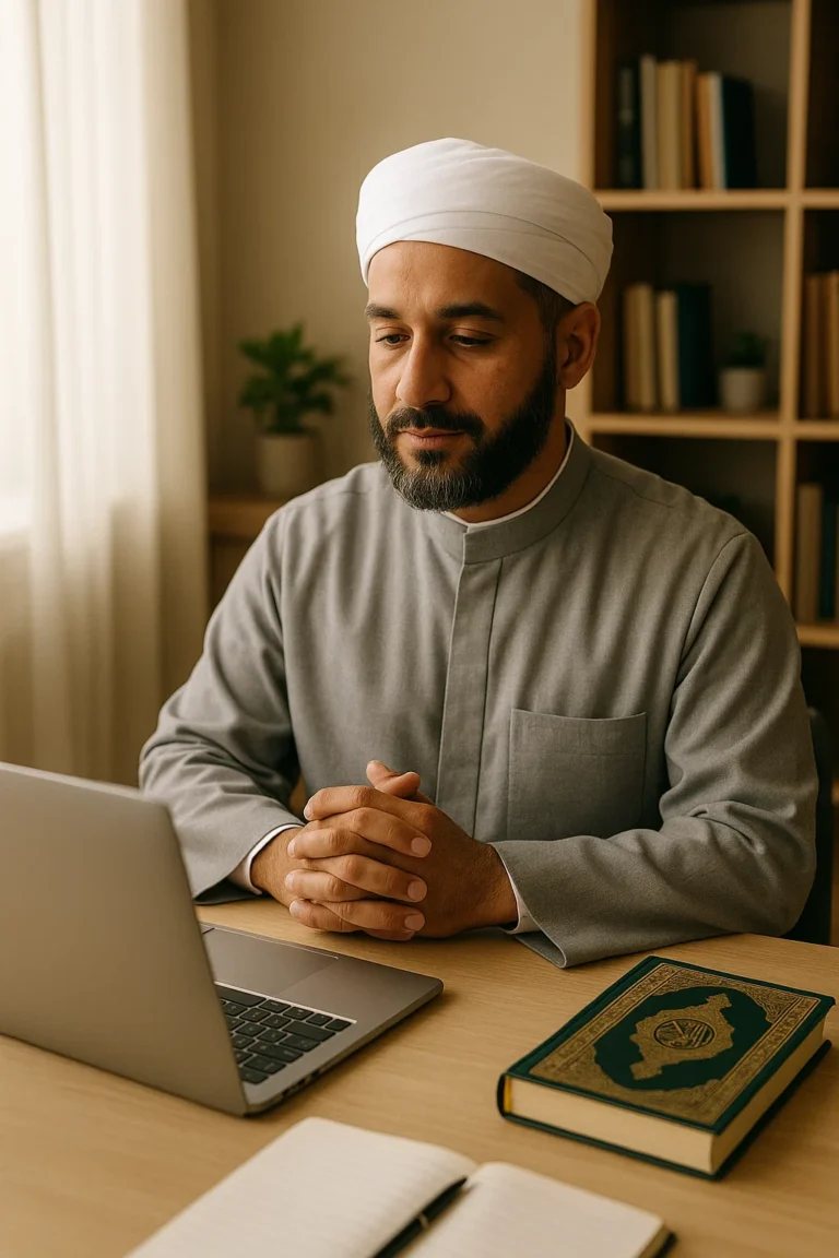 Photorealistic image of an Azhar Quran teacher teaching online in a peaceful setting