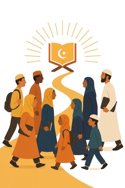 Abstract 2D illustration of Muslim students walking together on a path toward Quranic learning