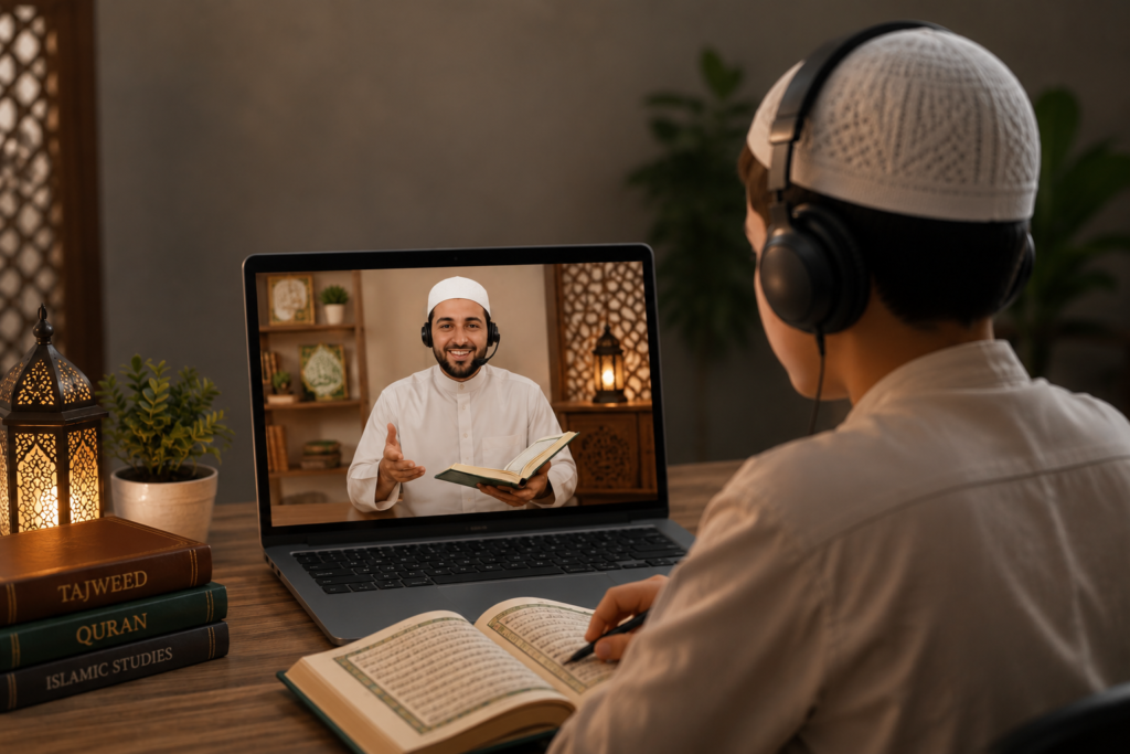 Young Muslim girl learning Quran online with a certified Tajweed teacher